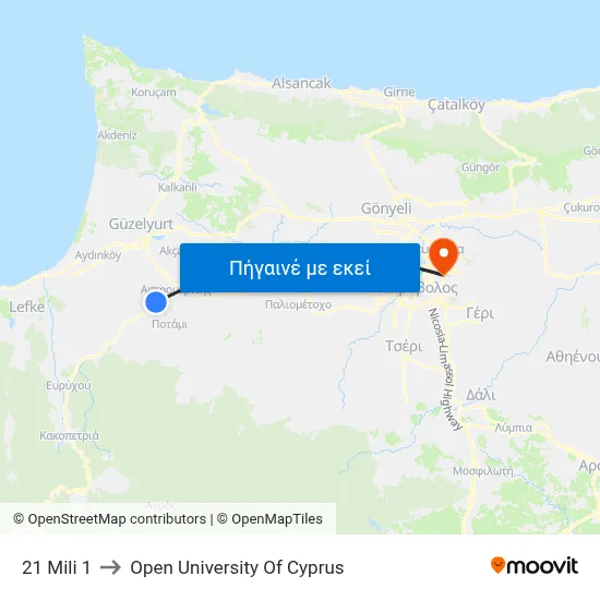 21 Mili to Open University Of Cyprus map