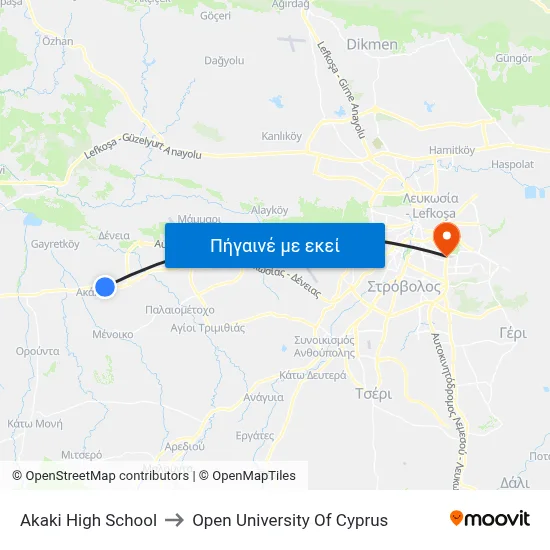 Akaki High School to Open University Of Cyprus map