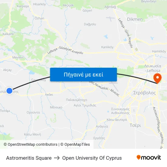 Astromeritis Square to Open University Of Cyprus map