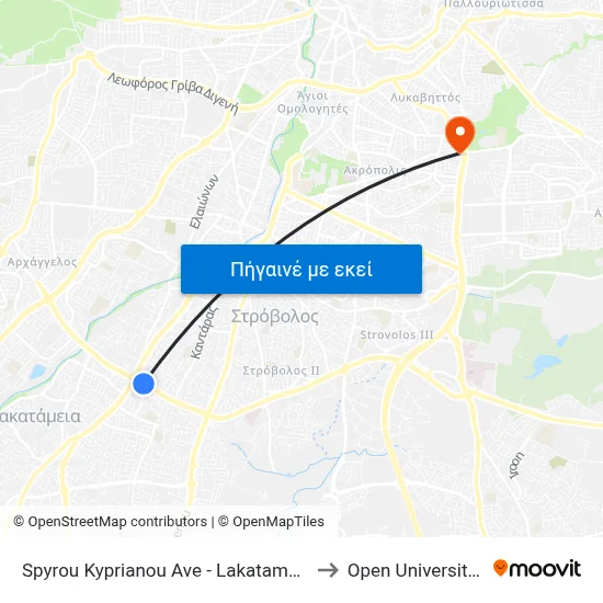 Spyrou Kyprianou Ave - Lakatameia Roundabout Metro to Open University Of Cyprus map