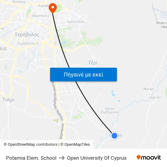 Potamia Elem. School to Open University Of Cyprus map