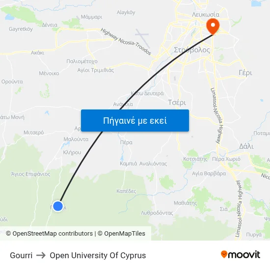 Gourri to Open University Of Cyprus map