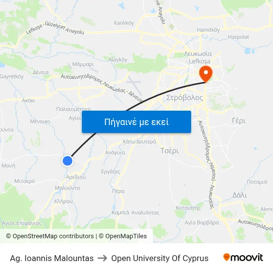 Ag. Ioannis Malountas to Open University Of Cyprus map