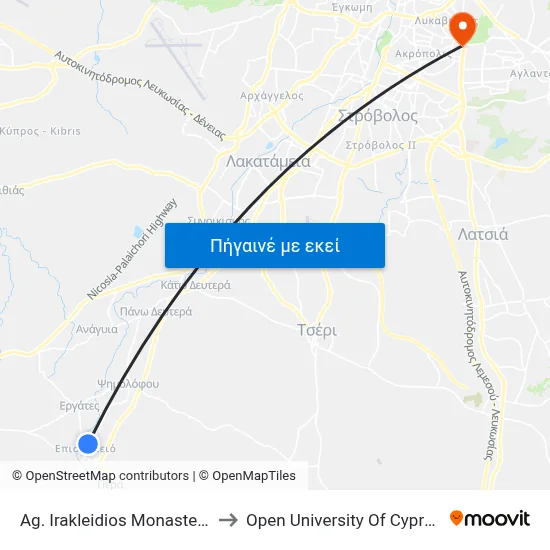 Ag. Irakleidios Monastery to Open University Of Cyprus map
