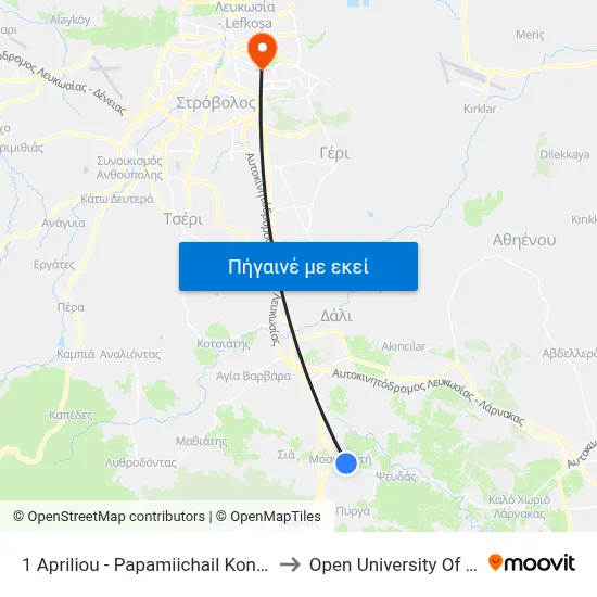 1 Apriliou - Papamiichail Konstantinou to Open University Of Cyprus map