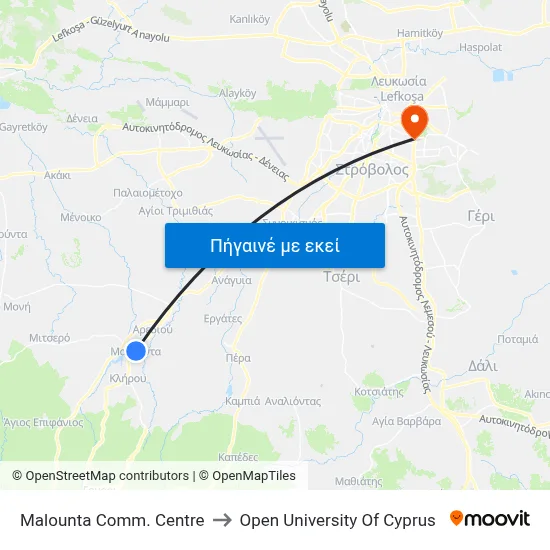 Malounta Comm. Centre to Open University Of Cyprus map