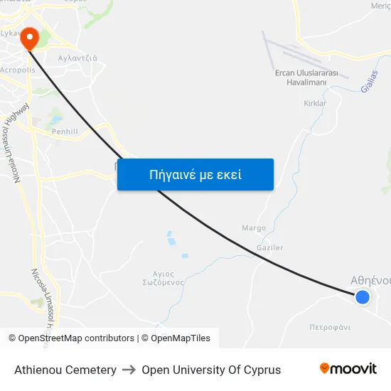 Athienou Cemetery to Open University Of Cyprus map
