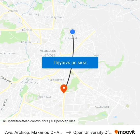 Ave. Archiep. Makariou C - Ag. Ilarionos to Open University Of Cyprus map