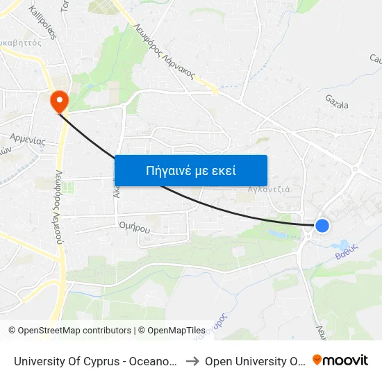 University Of Cyprus - Oceanograph Center to Open University Of Cyprus map