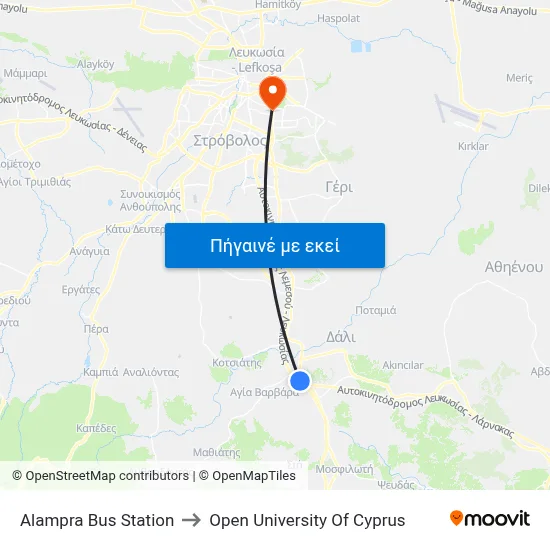 Alampra Bus Station to Open University Of Cyprus map