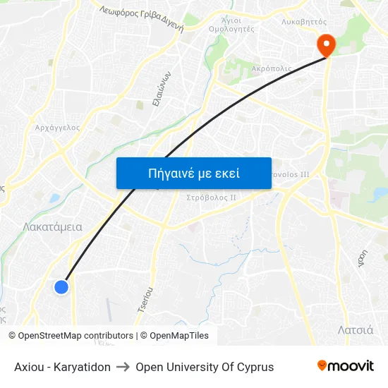 Axiou - Karyatidon to Open University Of Cyprus map
