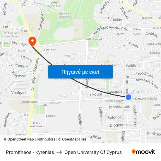 Promitheos - Kyrenias to Open University Of Cyprus map