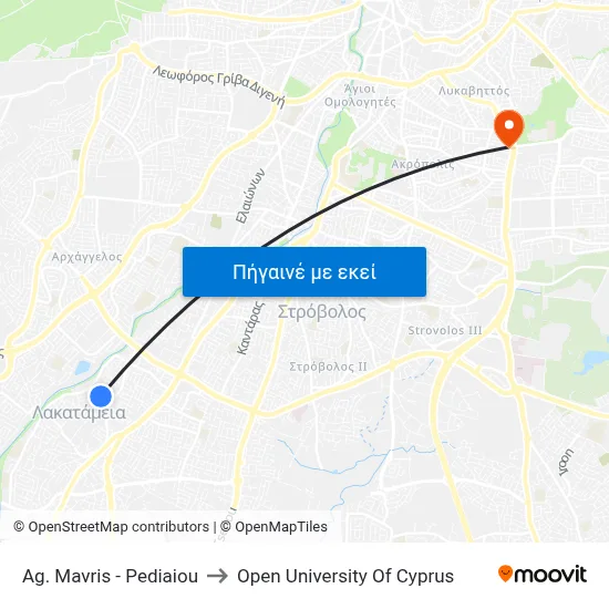 Ag. Mavris - Pediaiou to Open University Of Cyprus map