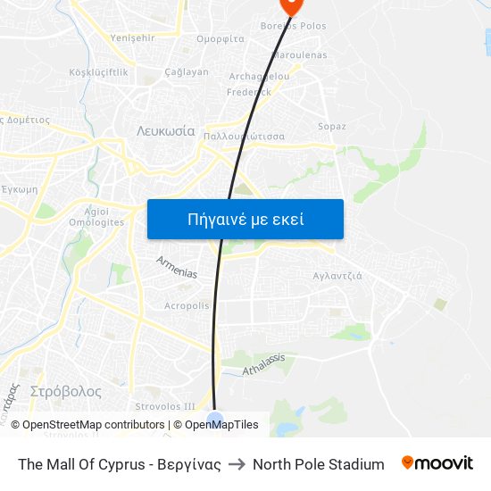 The Mall Of Cyprus - Βεργίνας to North Pole Stadium map