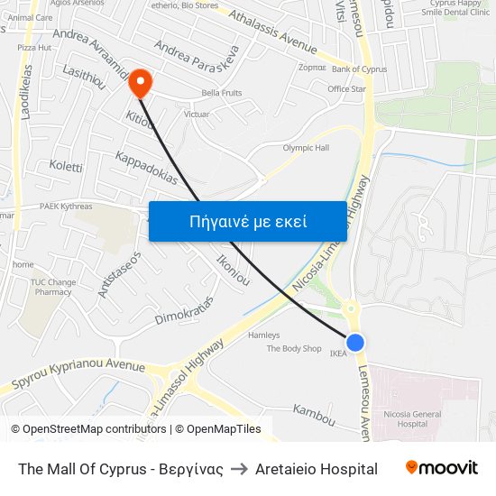 The Mall Of Cyprus - Βεργίνας to Aretaieio Hospital map