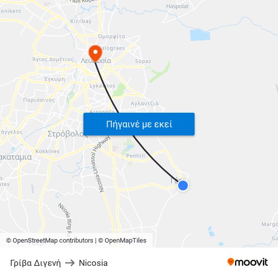 Γρίβα Διγενή to Nicosia map