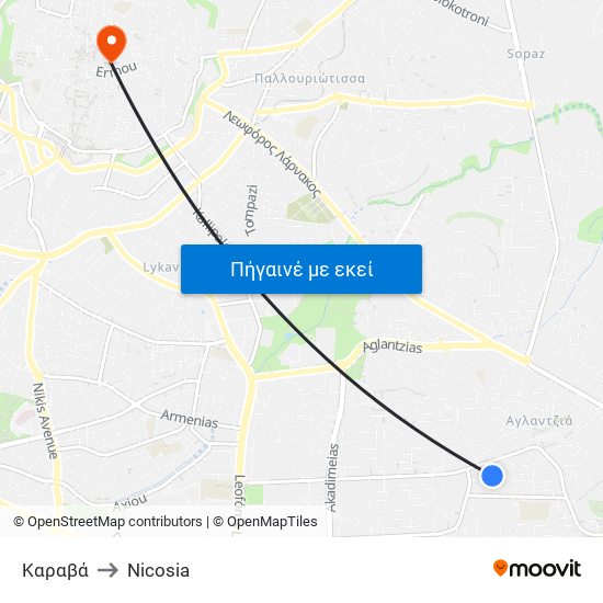 Καραβά to Nicosia map