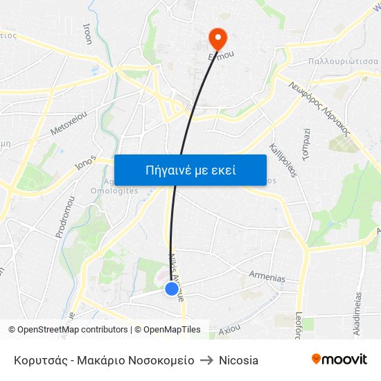 Κορυτσάς - Μακάριο Νοσοκομείο to Nicosia map