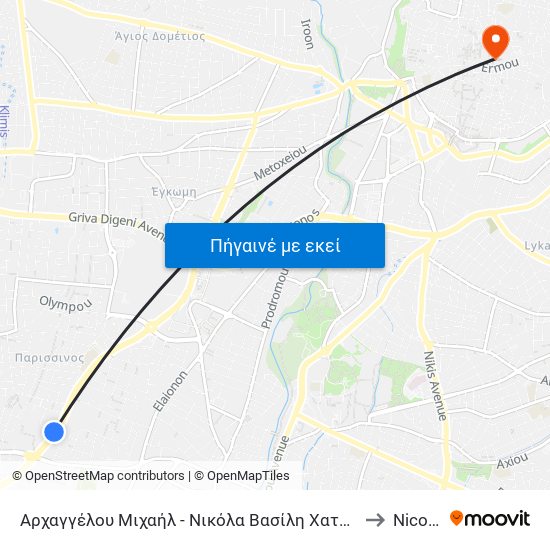 Αρχαγγέλου Μιχαήλ - Νικόλα Βασίλη Χατζηγιάννη to Nicosia map