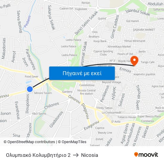 Ολυμπιακό Κολυμβητήριο 2 to Nicosia map