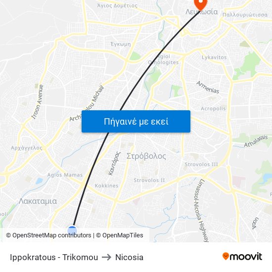 Ippokratous - Trikomou to Nicosia map