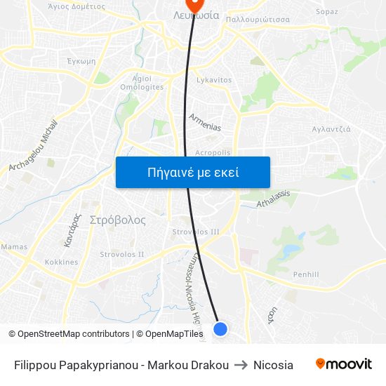 Filippou Papakyprianou - Markou Drakou to Nicosia map