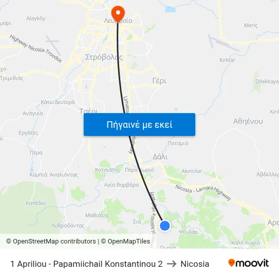 1 Apriliou - Papamiichail Konstantinou 2 to Nicosia map