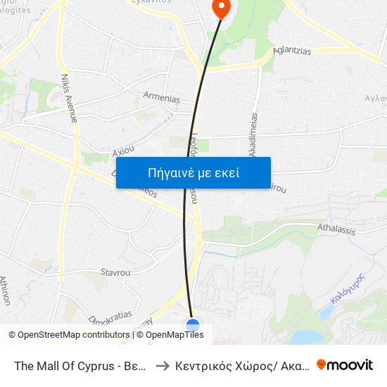 The Mall Of Cyprus - Βεργίνας to Κεντρικός Χώρος/ Ακαδημία map