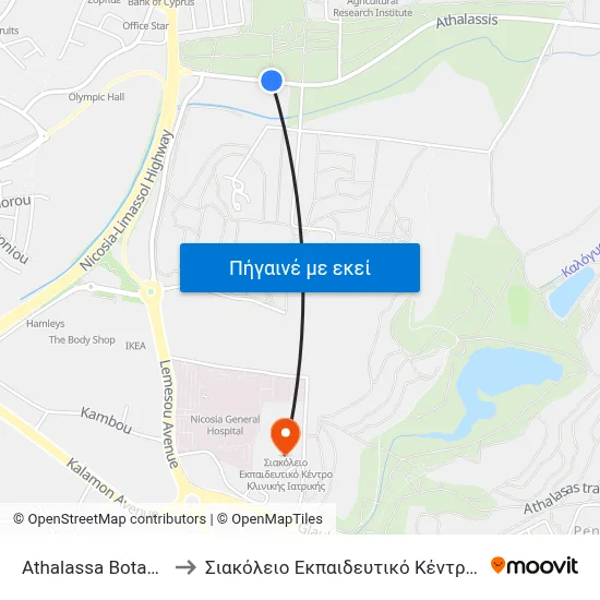 Athalassa Botanic Gardens to Σιακόλειο Εκπαιδευτικό Κέντρο Κλινικής Ιατρικής map