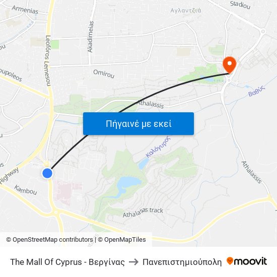 The Mall Of Cyprus - Βεργίνας to Πανεπιστημιούπολη map