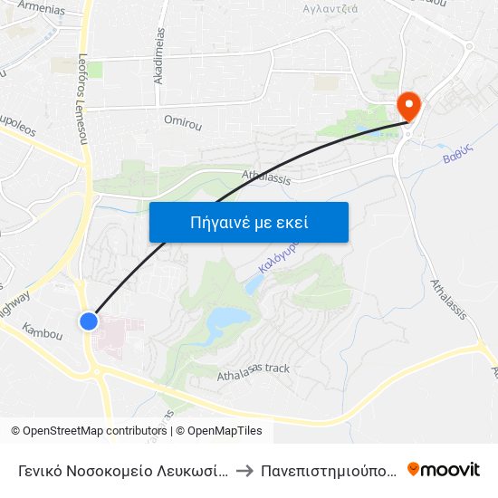 Γενικό Νοσοκομείο Λευκωσίας to Πανεπιστημιούπολη map