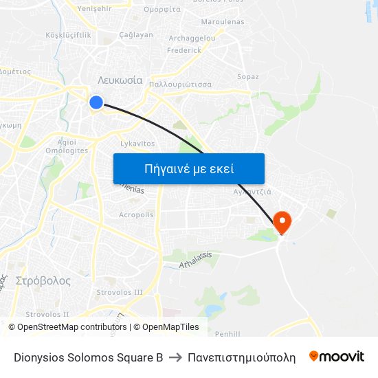 Dionysios Solomos Square B to Πανεπιστημιούπολη map