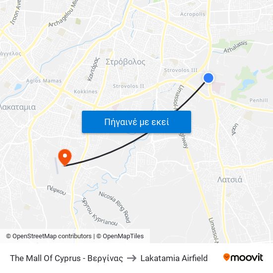 The Mall Of Cyprus - Βεργίνας to Lakatamia Airfield map