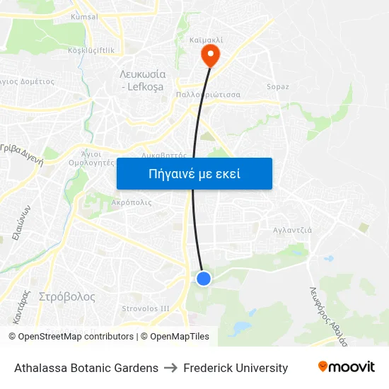 Athalassa Botanic Gardens to Frederick University map