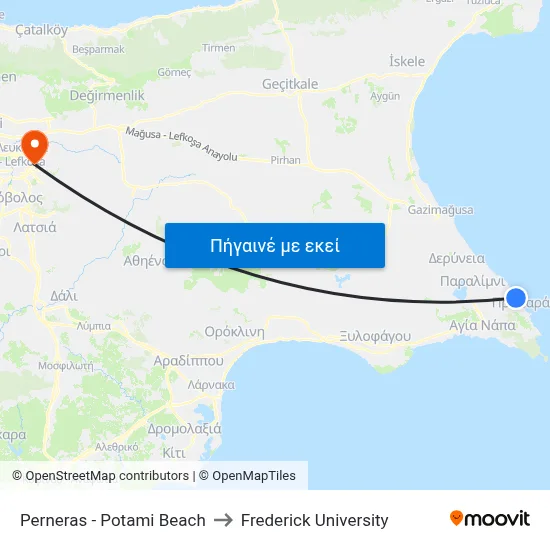 Perneras - Potami Beach to Frederick University map