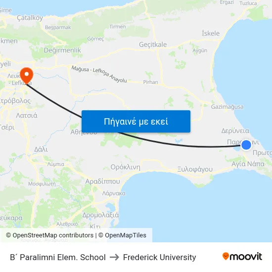 B´ Paralimni Elem. School to Frederick University map
