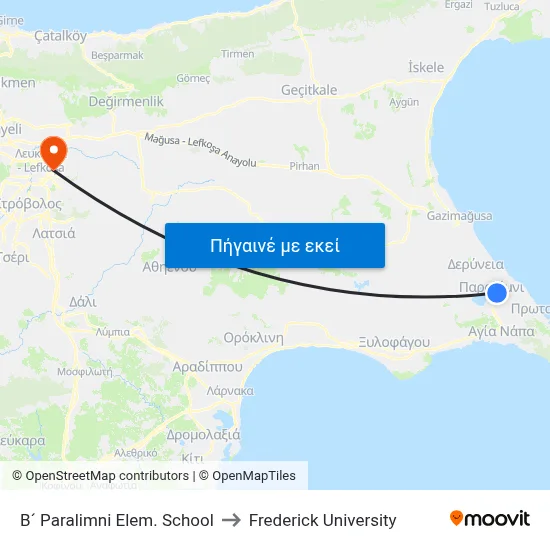 B´ Paralimni Elem. School to Frederick University map