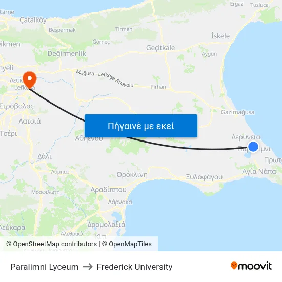Paralimni Lyceum to Frederick University map