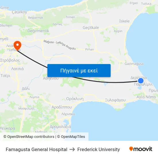 Famagusta General Hospital to Frederick University map