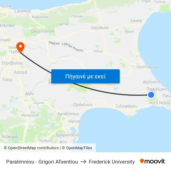 Paralimniou - Grigori Afxentiou to Frederick University map
