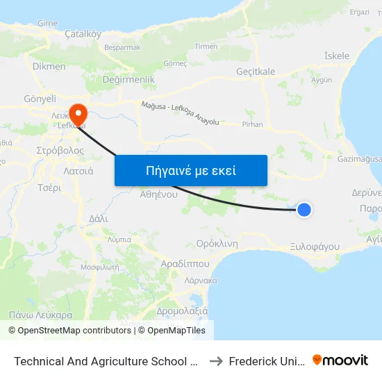 Technical And Agriculture School Of Famagusta to Frederick University map