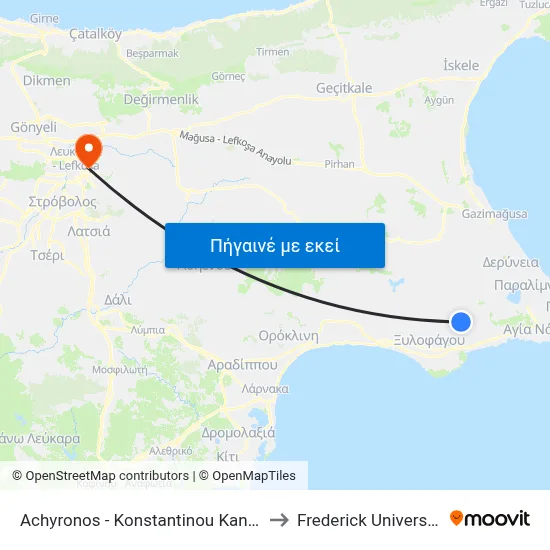 Achyronos - Konstantinou Kanari to Frederick University map