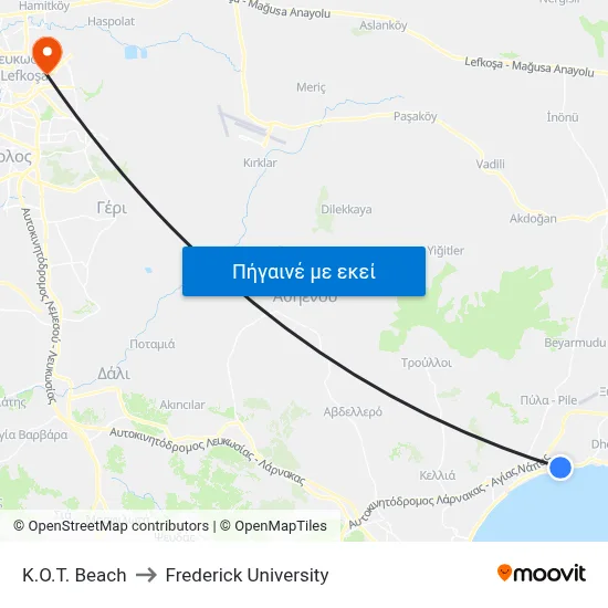 K.O.T. Beach to Frederick University map