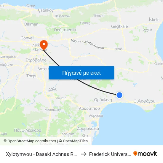 Xylotymvou - Dasaki Achnas Road to Frederick University map