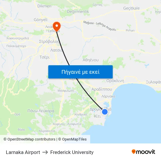 Larnaka Airport to Frederick University map