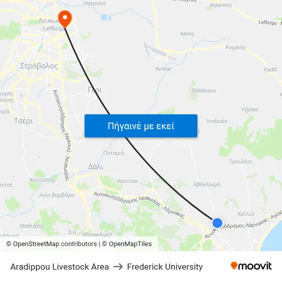 Aradippou Livestock Area to Frederick University map