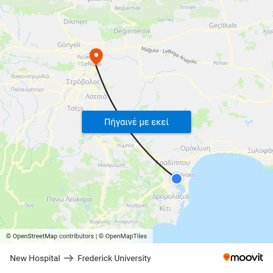 New Hospital to Frederick University map