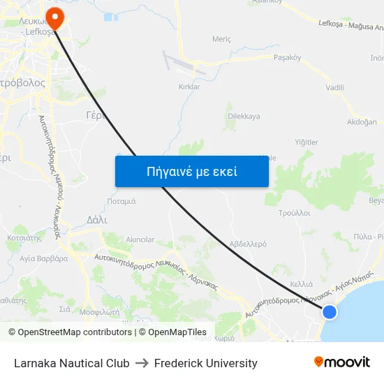 Larnaka Nautical Club to Frederick University map