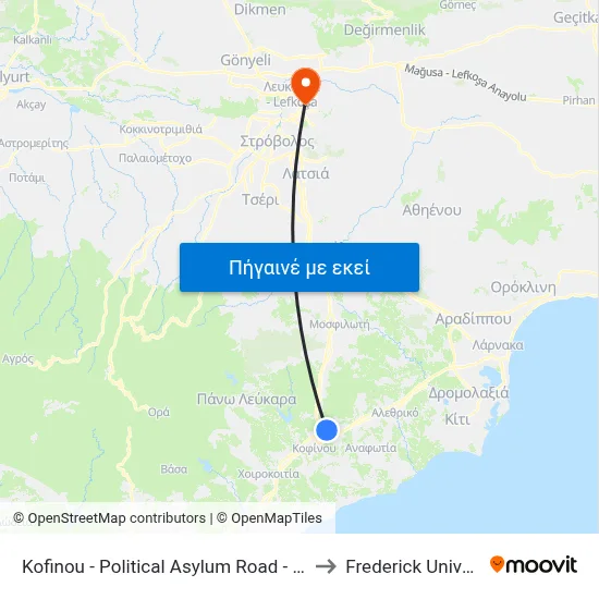 Kofinou - Political Asylum Road - 1st Stop to Frederick University map