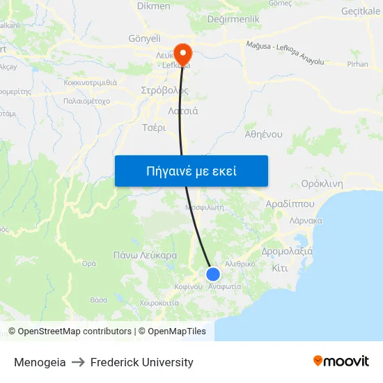 Menogeia to Frederick University map